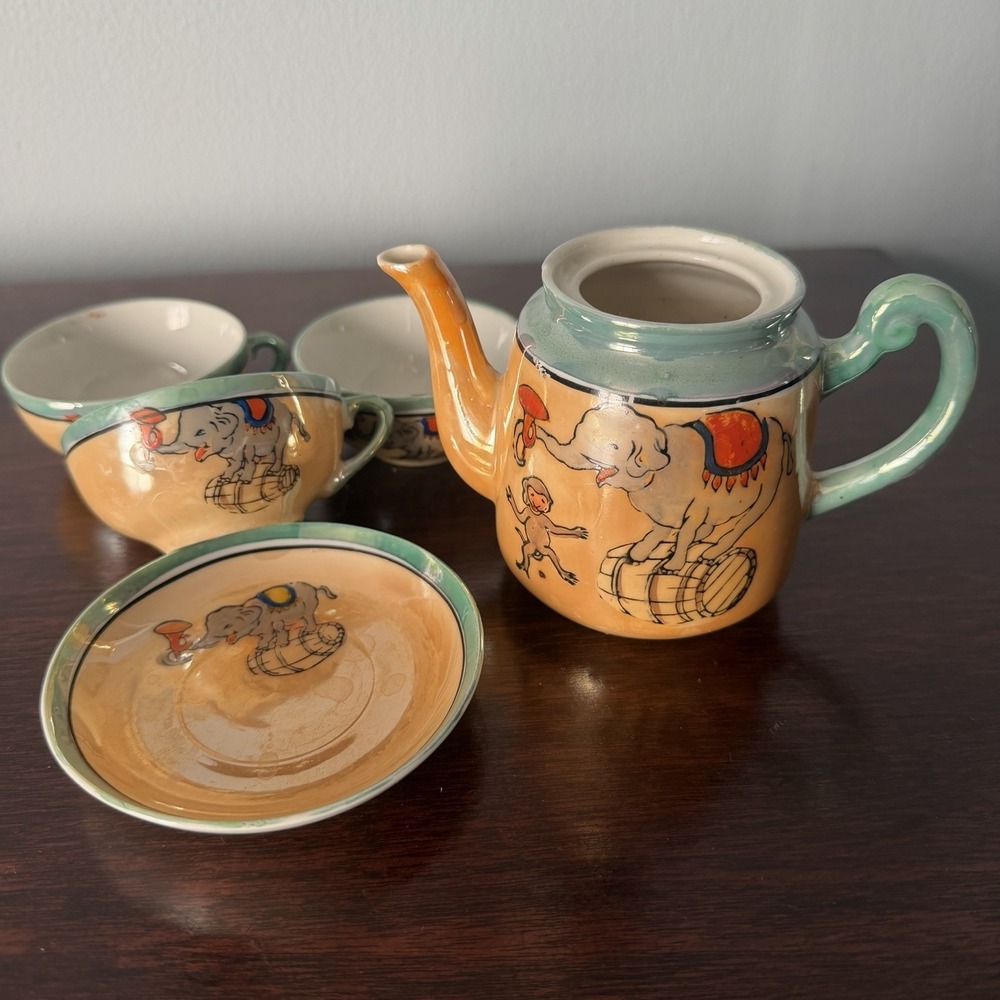 Rare 1930's Circus Elephant Japan Lusterware Tea Set Hand painted